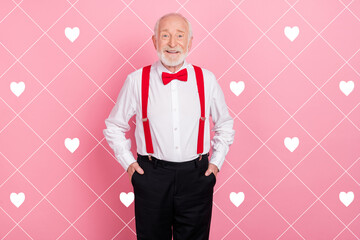 Wall Mural - Photo of mature old mature man prepare to go on date with his wife visit party event isolated on pink color background