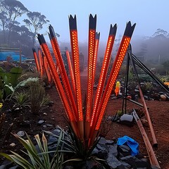 Poster - Illuminated red poles in garden at dusk.