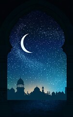 Canvas Print - Vector illustration of a silhouette mosque window against a night sky with a crescent moon, a Ramadan Kareem background, simple and clean, in a blue color palette. 