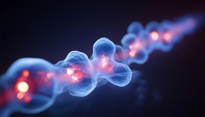 Poster - Abstract Representation of Molecular Chains with Glowing Elements and Dynamic Motion in a Dark Background for Scientific or Educational Use