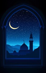 Canvas Print - Vector illustration of a silhouette mosque window against a night sky with a crescent moon, a Ramadan Kareem background, simple and clean, in a blue color palette. 