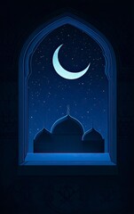 Canvas Print - Vector illustration of a silhouette mosque window against a night sky with a crescent moon, a Ramadan Kareem background, simple and clean, in a blue color palette. 