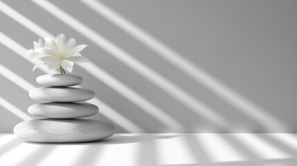 Wall Mural - A simple display featuring stacked stones, a flower, and a podium against a gray backdrop