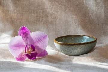 Wall Mural - A single Thai orchid resting on a light fabric beside a ceramic bowl. picture