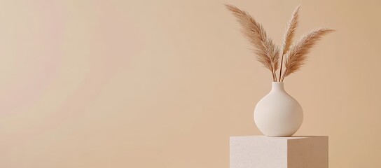 Wall Mural - The vacant display showcases a pile of stones on a pedestal, encircled by a flower branch, set against a plain beige background