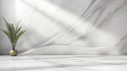 Fototapete - Minimalist Modern Interior with White Marble Countertop and Subtle Gray Veining, Light Gray Wall with Soft Curves, Clean and Contemporary Design Emphasizing Elegance and Simplicity