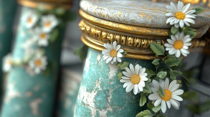 Wall Mural - A detailed view of a marble statue base, featuring intricate floral designs and an aged patina, surrounded by plants