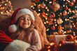 © Sanchai - A child smiling as they sit on Santa lap in a festive holiday scene, surrounded by twinkling lights and ornaments