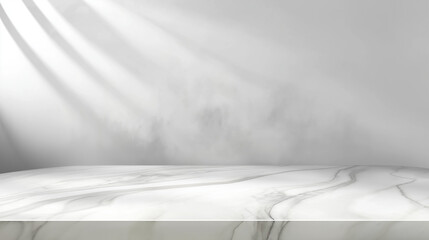 Fototapete - Minimalist Modern Interior with White Marble Countertop and Subtle Gray Veining, Light Gray Wall with Soft Curves, Clean and Contemporary Design Emphasizing Elegance and Simplicity