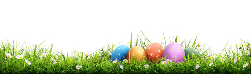 a template of a collection of painted easter eggs celebrating a happy easter with green meadow grass