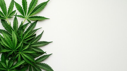 Wall Mural - Cannabis leaves on white background; copy space