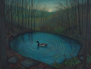 Poster - Mallard duck swimming in a serene forest pond at dusk, with a moon rising over the hills.