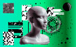 © local_doctor - Glitched and decomposted pixelated human face on a green background. Futuristic neo-brutalist vector illustration on the theme of cyber technology and identity.