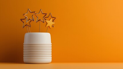 Fototapete - Sophisticated 3D representation of a white speech bubble featuring five golden stars and smooth satisfaction bars in soft gold
