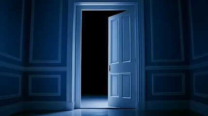 Canvas Print - Open door in a dark blue room leading to darkness.