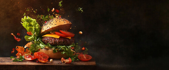 Wall Mural - Gourmet Burger with Floating Ingredients and Vibrant Colors on Dark Background