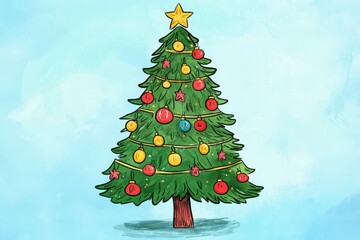 christmas tree drawing with creative decorations. hand-drawn and artistic scene. highlighting festiv