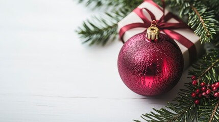 Canvas Print - Festive Christmas Ornament and Gift with Pine Branches on White Wooden Background