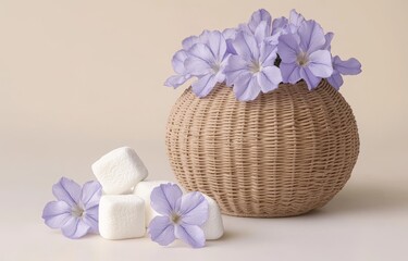 Wall Mural - A platform made of stacked stones with a wooden ring and a flower, displayed on a beige background. Minimalistic product presentation scene