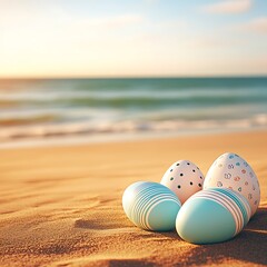 Canvas Print - Pastel Easter eggs on a sandy beach at sunset.