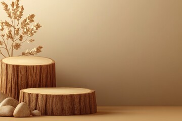 Wall Mural - A beige background showcasing a minimalistic display of a wooden disk stump and stone platform, perfect for eco-friendly product presentations