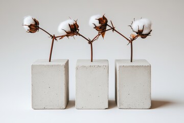 Wall Mural - An uncluttered still life setup with a stone platform, an eco-friendly podium, and beige cotton flowers on a copy space background, designed for product display