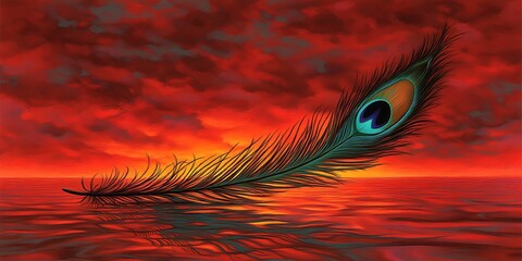 Canvas Print - Peacock feather floats on fiery sunset water.