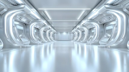 Fototapete - Perspective view of a futuristic empty space featuring hidden LED lighting seamless white surfaces and a high tech ambiance ideal for product displays or innovative background