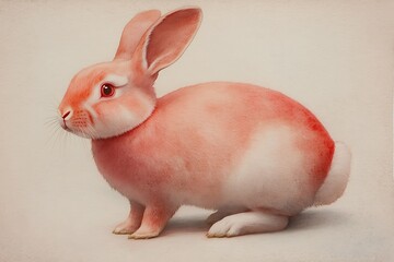 Pink rabbit, fluffy fur, side view, studio shot.