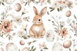 © DZMITRY - A watercolor painting featuring a bunny and eggs surrounded by flowers and leaves, with the phrase 'Happy Easter' in the middle and a yellow bird on the left