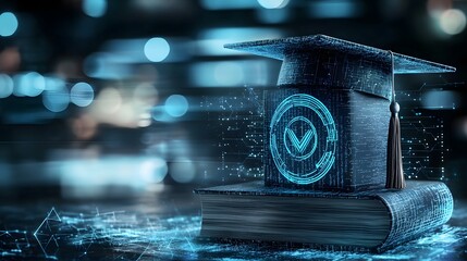 Aufkleber - Digital Age Graduation 3D of a Graduation Cap Placed Atop a Book Symbolizing Education Knowledge and the Influence of Technology in the Modern Academic Landscape