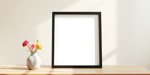 A simple, elegant mockup featuring a blank frame and vase of flowers on a light wood surface