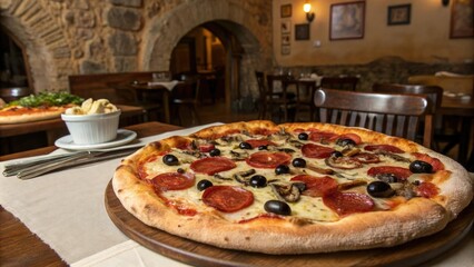 Wall Mural - Gourmet pizza with olives, pepperoni, and saut?ed mushrooms in a rustic Italian setting, pepperoni pizza, rustic tablecloth