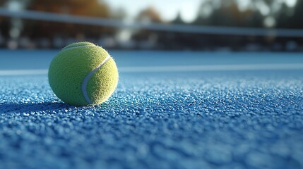 Wall Mural - Tennis ball on blue court, sunset, match. Sports photography