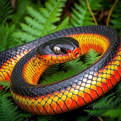 Wall Mural - Red-bellied black snake coiled in lush green ferns.