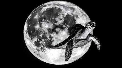 Poster - Sea turtle silhouette against a full moon.