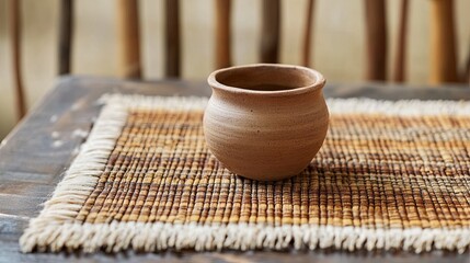 Wall Mural - A unique handwoven mat displayed with a small clay pot resting on top picture