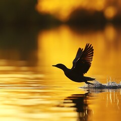 Poster - Silhouette of a bird taking off from water at sunset.