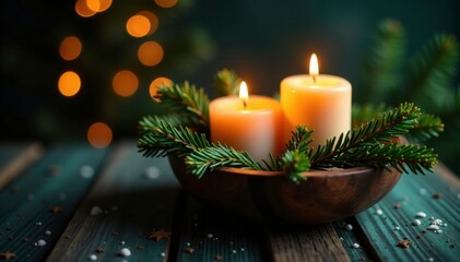 Wall Mural - Evergreen pine branches with glowing candles in a wooden bowl, winter, branch, festive