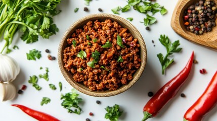 Wall Mural - Savory Minced Meat with Chili Peppers and Fresh Herbs