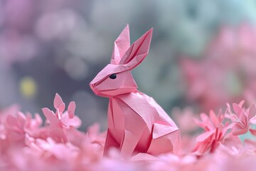 Wall Mural - Pink Origami Rabbit in Pink Flowers