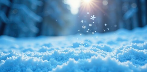 Wall Mural - delicate blue snowflakes gently fall on a snowy surface, snowy, icy, winter