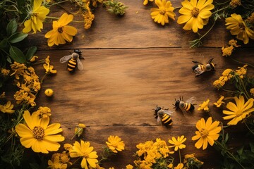 Wall Mural - Bees and Yellow Flowers on Wooden Table