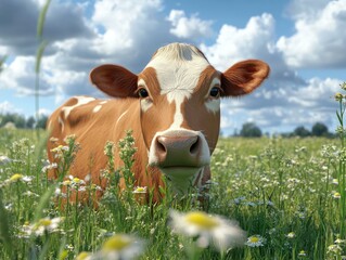 Wall Mural - Cow in flower field