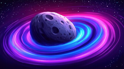 Wall Mural - mesmerizing cosmic scene: gray asteroid floating amidst vibrant pink and blue swirling rings in deep
