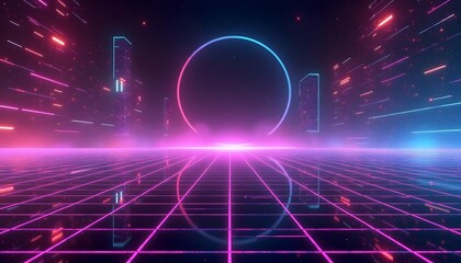 Wall Mural - Retro 80s style neon synthwave grid with city buildings and a circular portal