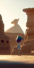 Canvas Print - Small figure stands before ancient structures in desert at sunset.