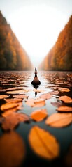 Poster - Solitary duck on calm autumn water, surrounded by fallen leaves.