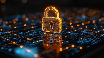 Glowing padlock on digital circuit board, cybersecurity concept