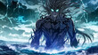 © unseentuy - Man with long hair standing in ocean facing nightmarish monster with glowing white eyes in a surreal and eerie setting